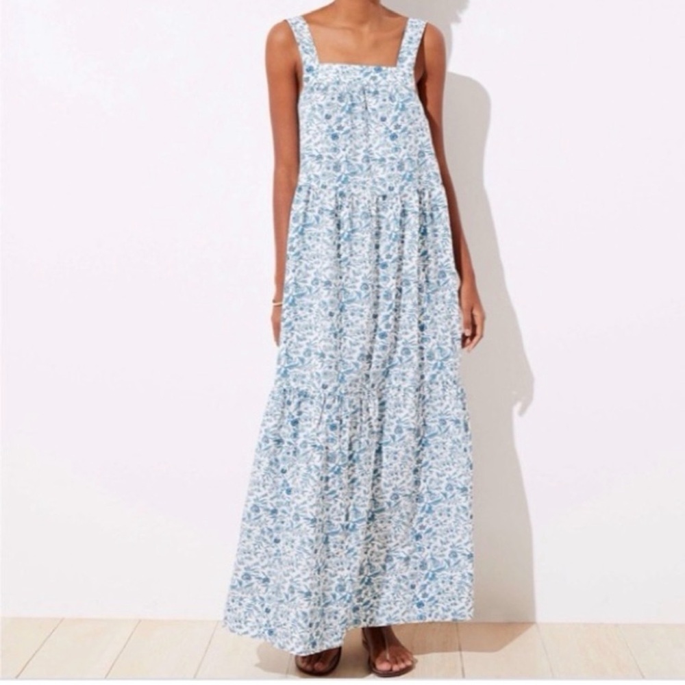 Loft Beach Blue Floral Square-Neck Maxi Dress